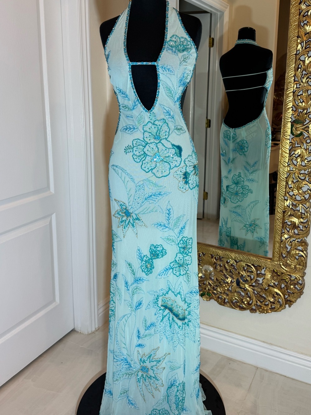 Elegant Light Blue  hand, beaded, and hand embroidered Halter Evening‎ Gown. WOW